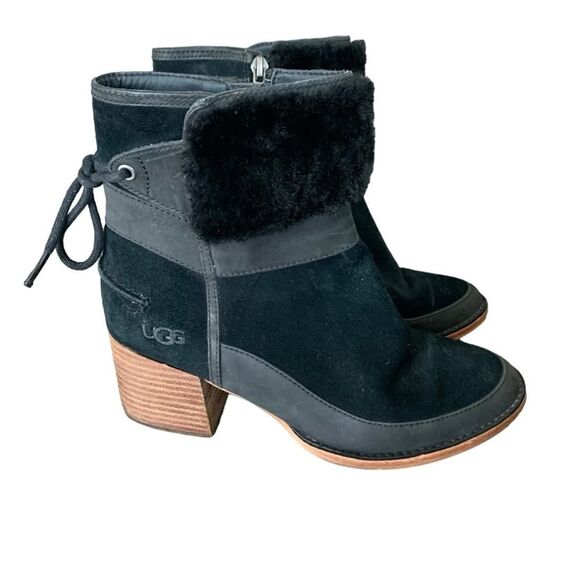UGG Women's Kirke Suede Stacked Heel Booties Real Shearling Trim Black Size 7 - Picture 4 of 12